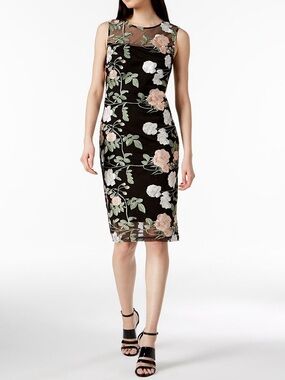 Calvin Klein Floral Embroidered Black Sheath Dress size small